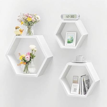 Wooden floating wall shelf hexagon set 3 pieces